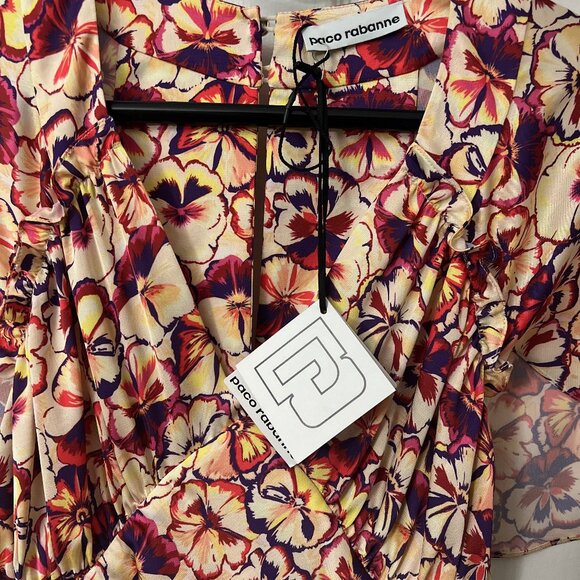 NEW Paco Rabanne Sunny Pansy Printed Satin Cape Sleeve Floral Dress Size 2 NWT - Picture 6 of 8